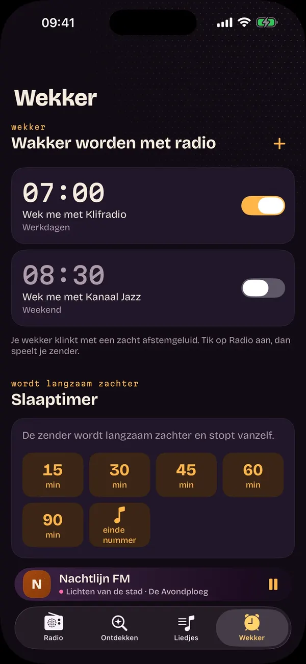 De wekker, per dag in te stellen, en de slaaptimer