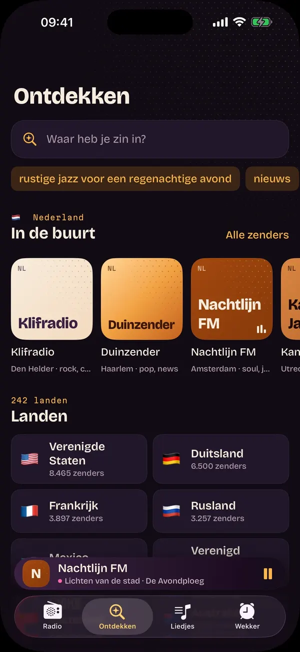 Ontdekken: zoeken op waar je zin in hebt, zenders in de buurt en alle landen