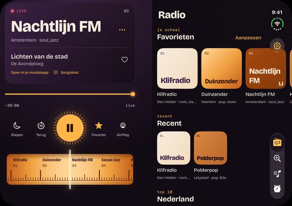 RadioStation op de opengevouwen iPhone Duo: de radio links, je zenders rechts