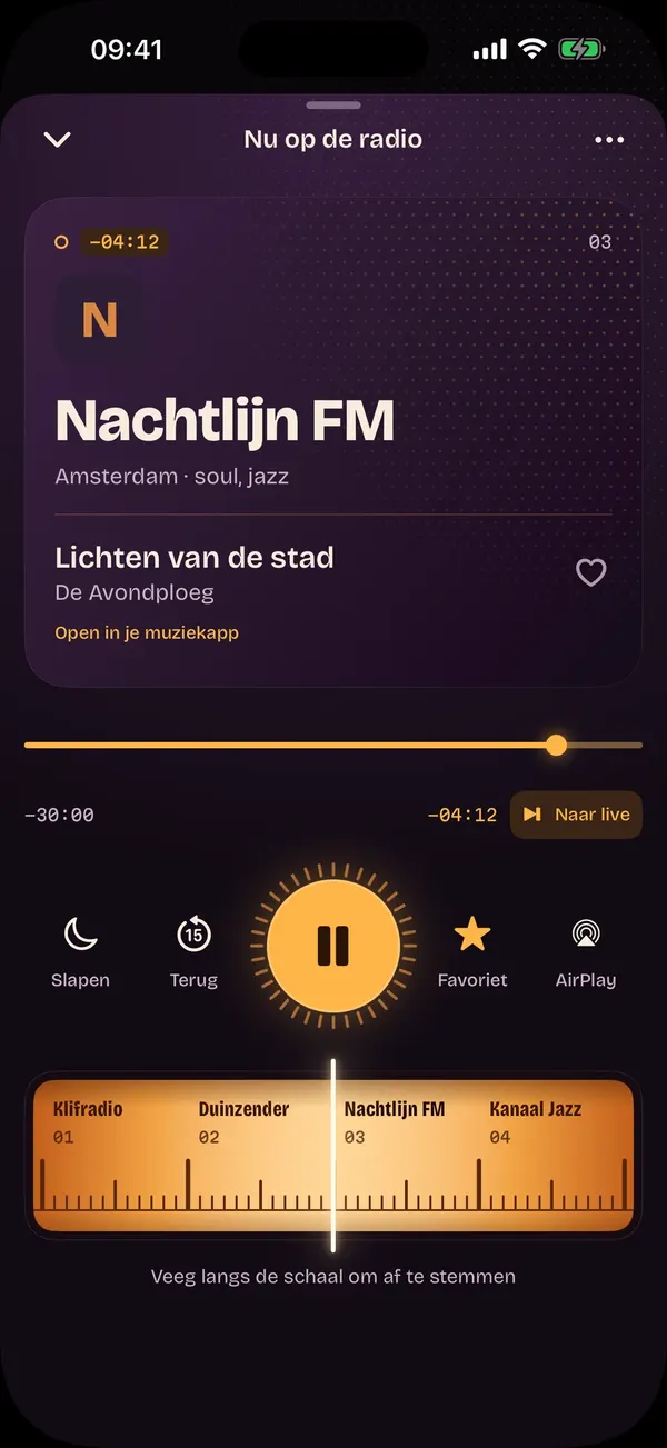 De speler loopt vier minuten achter op live, met de schuif en de knop Naar live