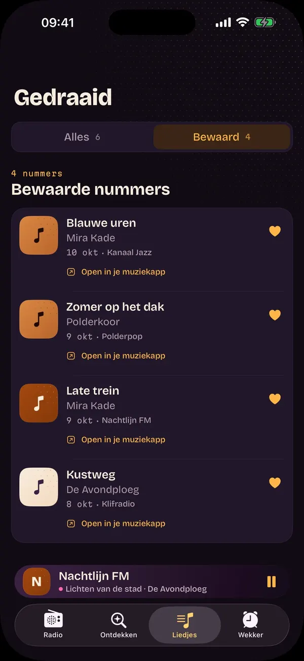 Het scherm Gedraaid met je bewaarde nummers, met zender en tijd